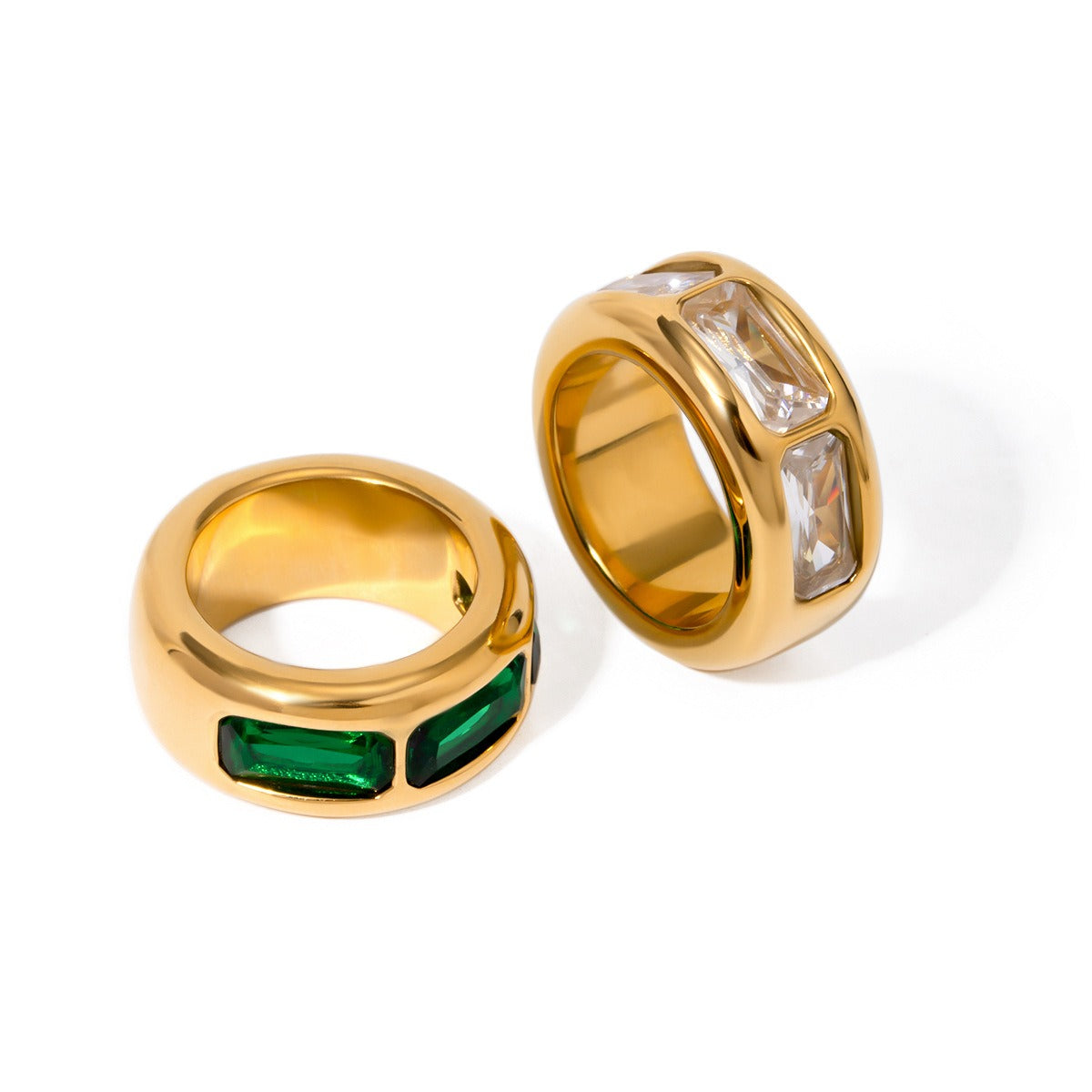 Kaze Classic Noble Wide Face Three-Gemstone Ring | 18K Gold Ring in Green &amp; White Size 7