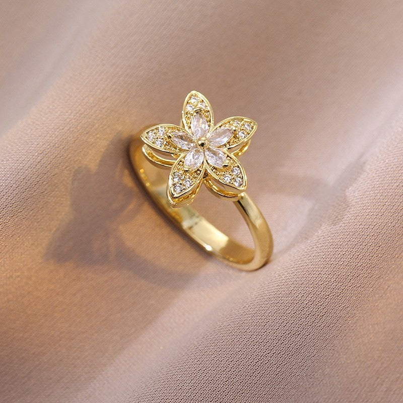Kaze Bauhinia Flower Zircon Stress-Relief Ring | 18K Gold Titanium Adjustable Open Ring