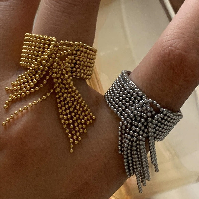 Kaze Round Bead Tassel Design Ring | 18K Gold Elegant Adjustable Ring in Gold &amp; Silver