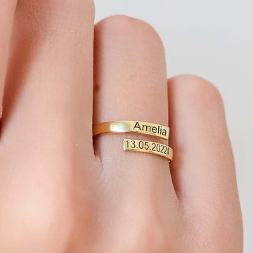 Kaze Customized Open Ring with Name and Date | Personalised Engraved Ring in Silver, Gold &amp; Rose Gold