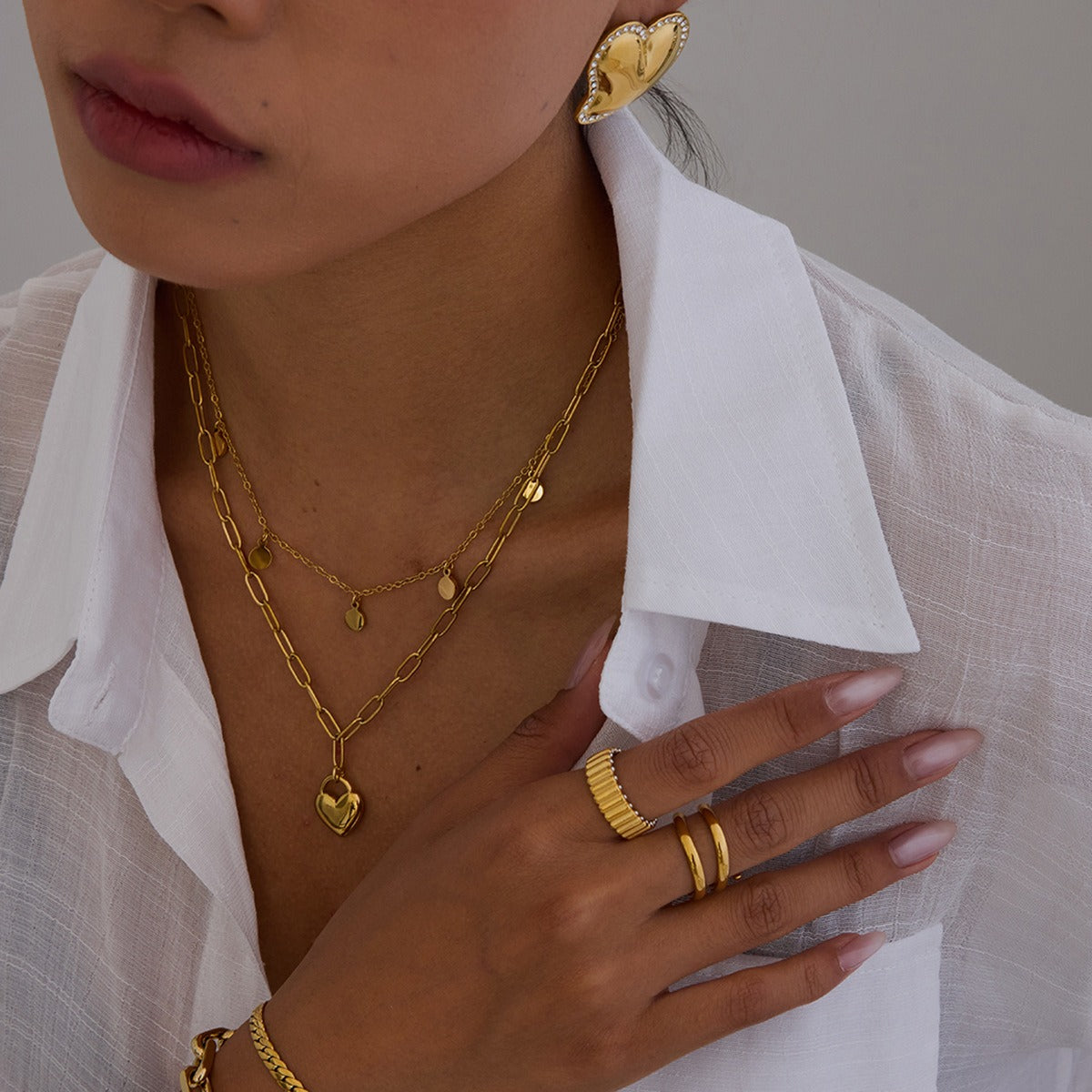 Kaze 18K Gold Heart-Shaped Earrings and Bracelet Set with Zircon Accents | 3-Piece Romantic Jewellery Set