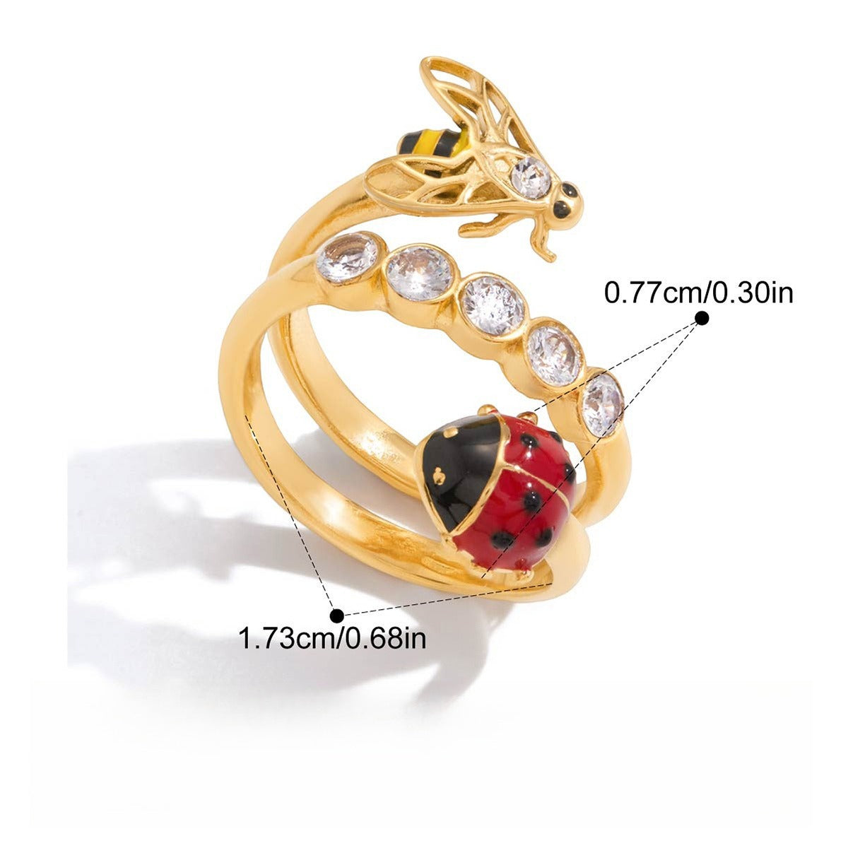 Kaze Ladybug Zircon Titanium Steel Ring | 18K Gold Lucky Charm Ring in Ring A, B &amp; C Ring B Adjustable