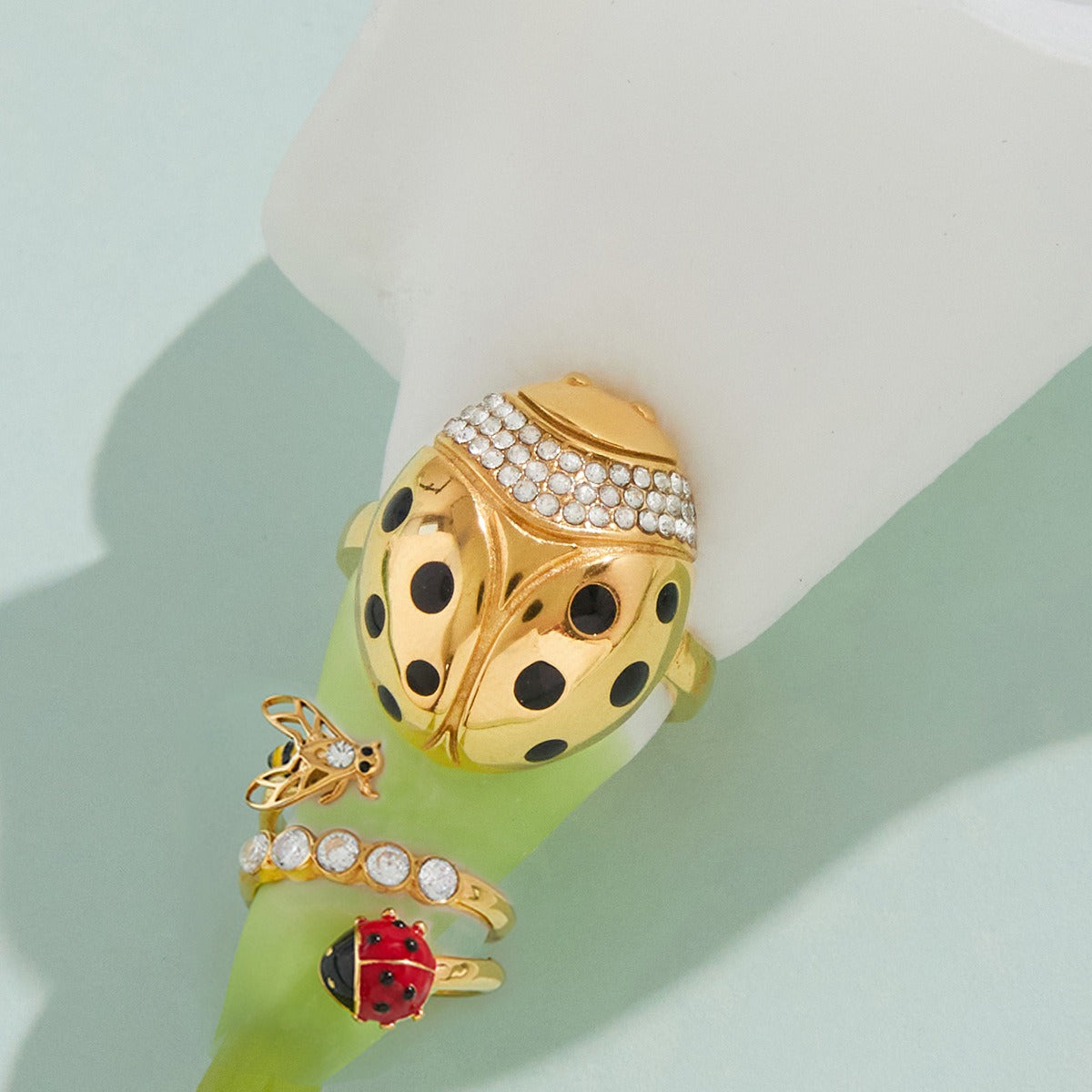 Kaze Ladybug Zircon Titanium Steel Ring | 18K Gold Lucky Charm Ring in Ring A, B &amp; C