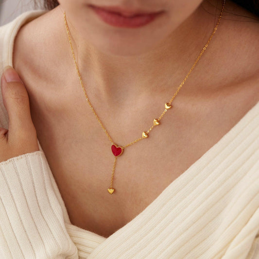 Kaze Red Dripping Heart Necklace | Gold-Plated Stainless Steel Statement Necklace