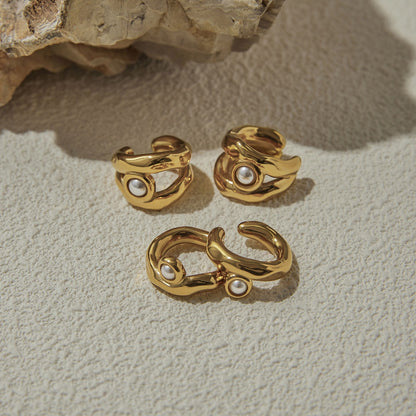 Kaze 18K Gold Geometric Hollow Pearl Earrings, Bracelet and Necklace Set | 7-Piece Contemporary Pearl Jewellery