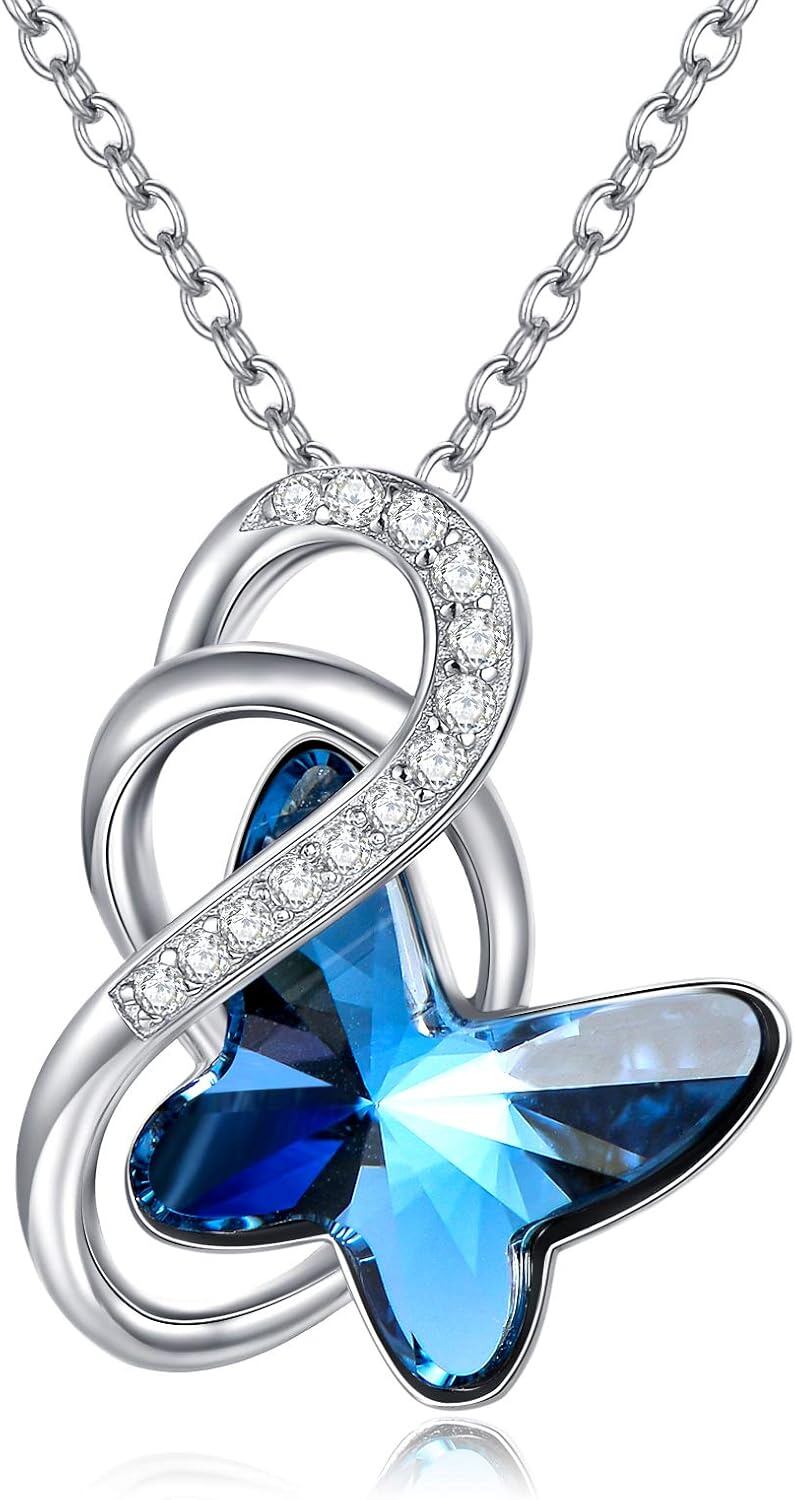 925 Sterling Silver Blue Butterfly Pendant Necklace with Crystal Accents Wholesale Blue