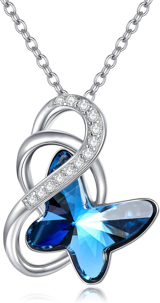 925 Sterling Silver Blue Butterfly Pendant Necklace with Crystal Accents Wholesale Blue