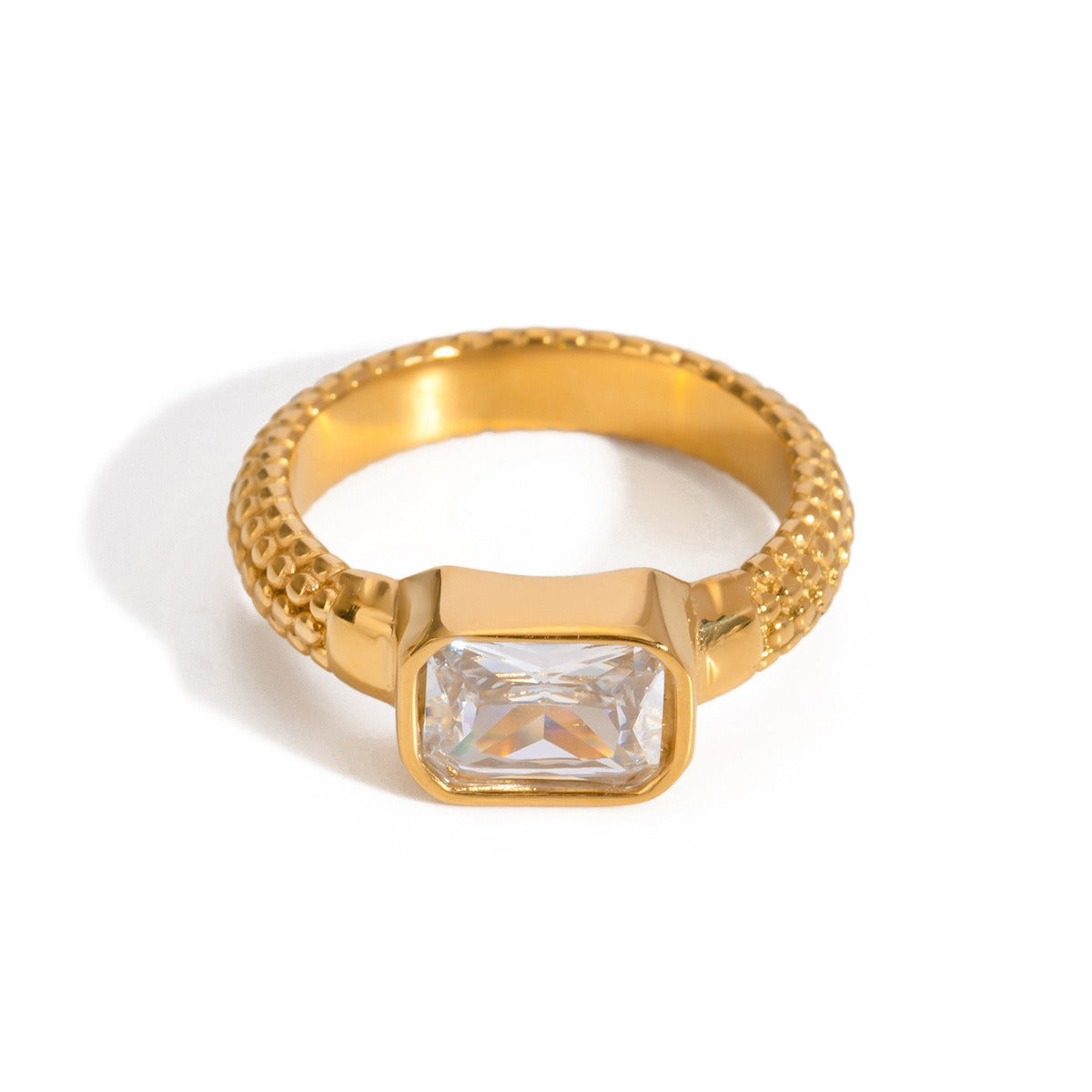 Kaze Rectangular Gemstone Beaded Design Ring | 18K Gold Luxury Ring Size 7
