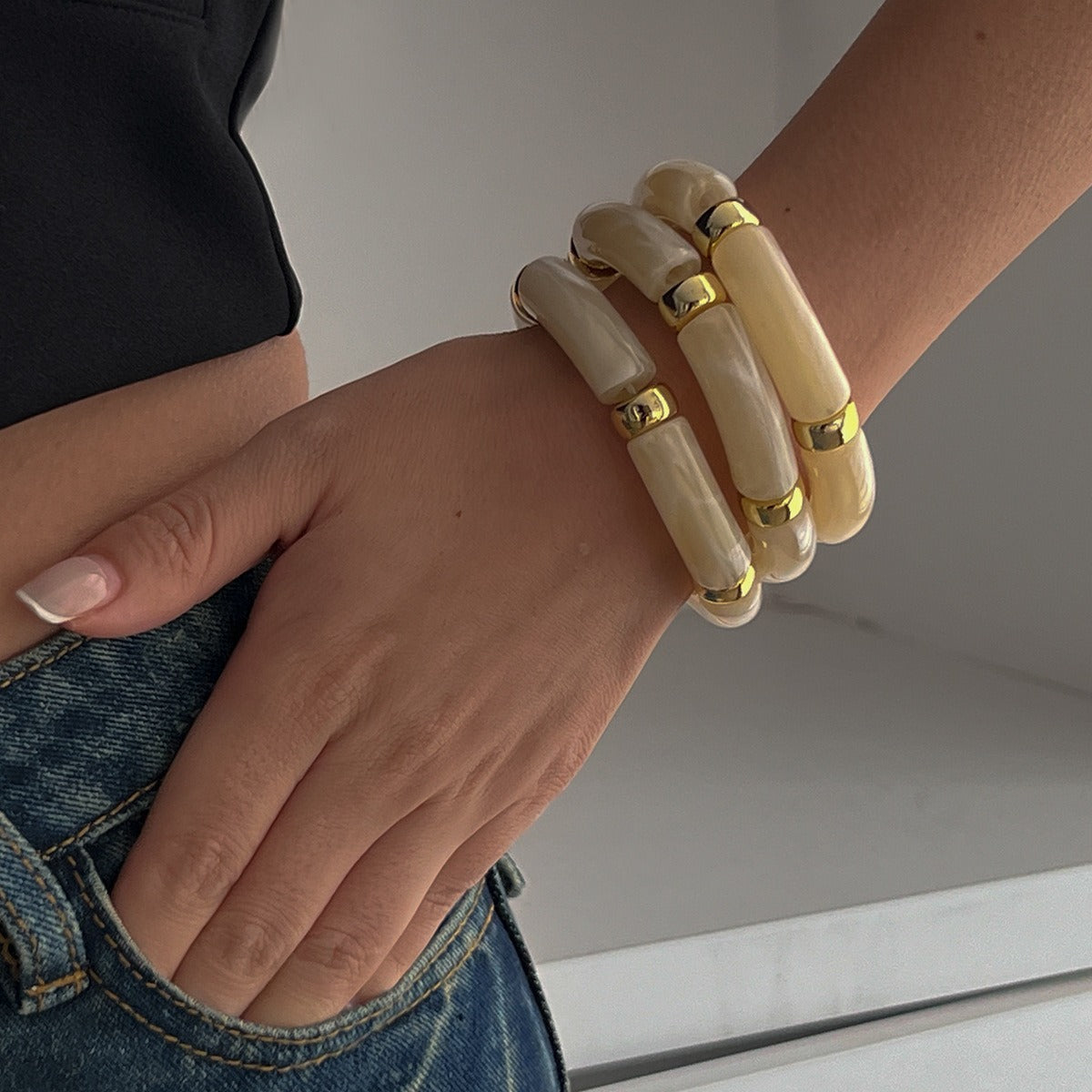 Kaze Light Luxury Beaded Bamboo Bracelet | 18K Gold-Plated S925 Silver Resin Bracelet in 8 Colours Color MixingB