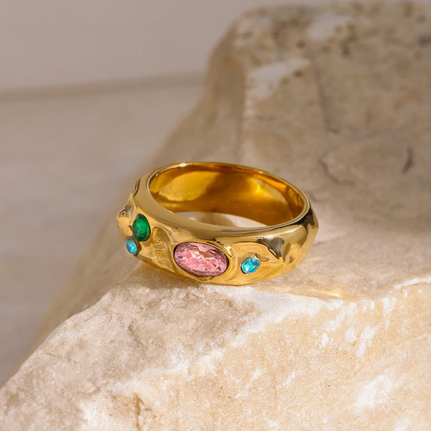 Kaze Hammered Dazzling Gemstone Ring | 18K Gold Artisan Texture Ring in Sizes 6–8 US