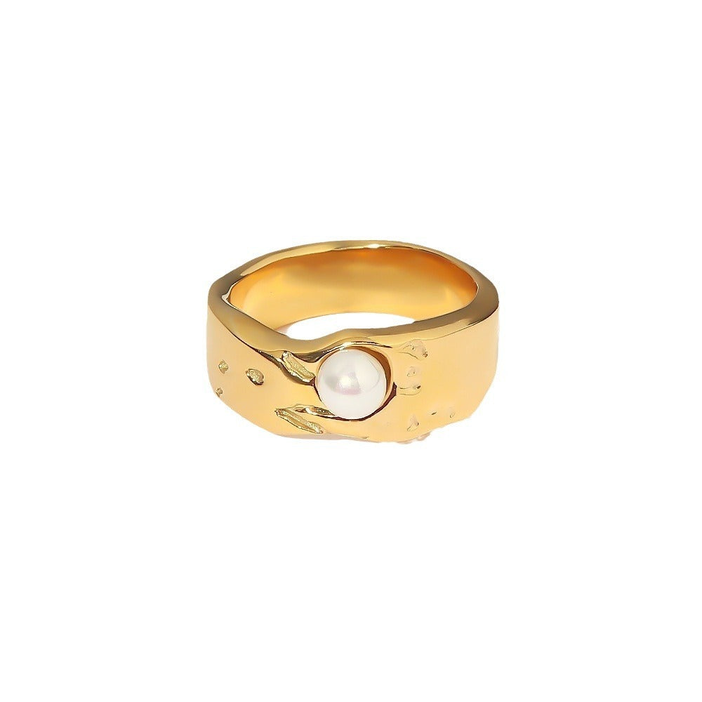 Kaze Lava Texture Pearl Accent Ring | 18K Gold Light Luxury Ring in Sizes 6–8 US