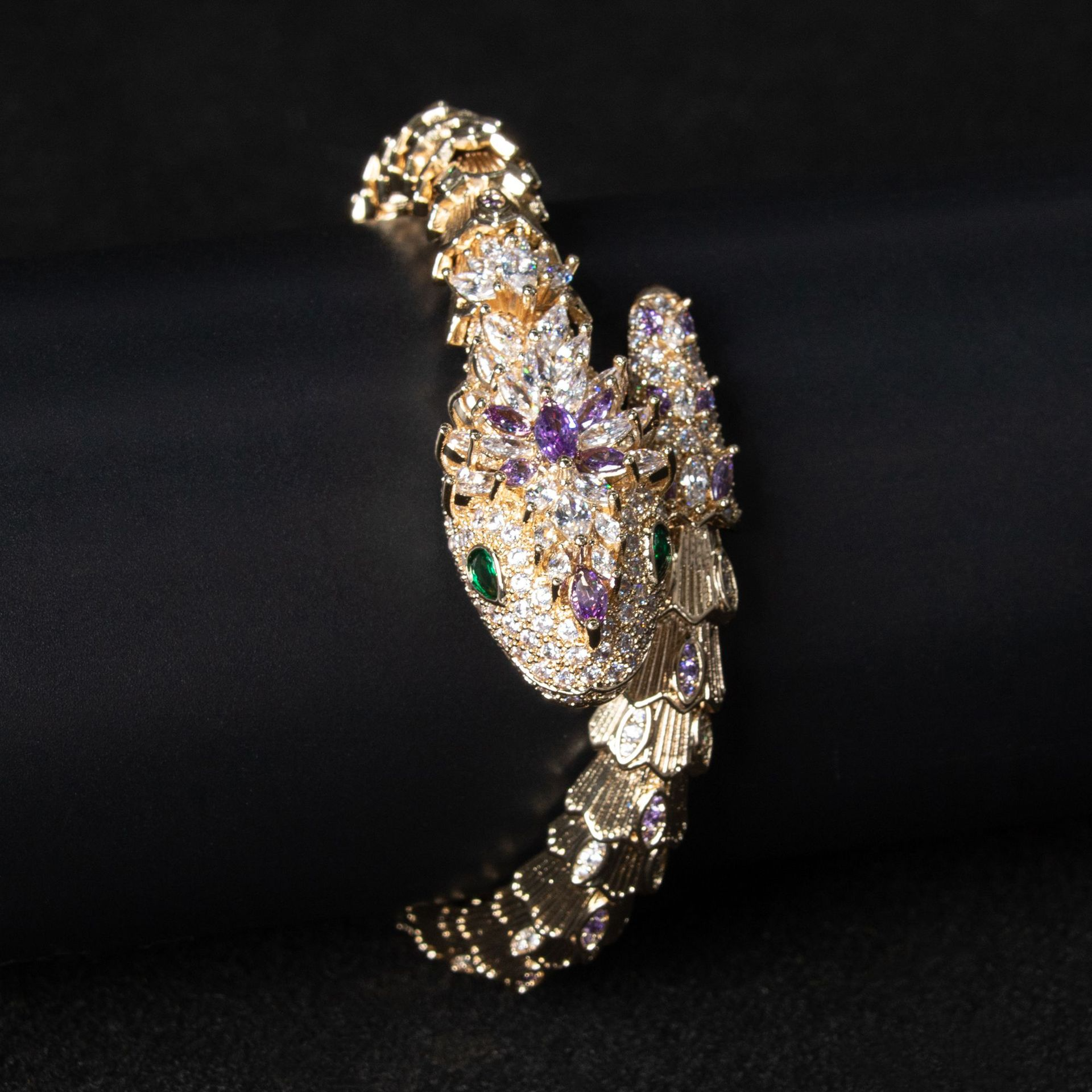 Kaze Gold Snake &amp; Marcasite Bracelet | 18K Gold Serpent Bracelet in 5 Stone Colours Gold Base with Purplish-Red