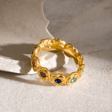 Kaze Retro Rose Round Gemstone Ring | 18K Gold Vintage Light Luxury Ring Size 7