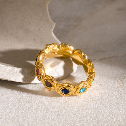 Kaze Retro Rose Round Gemstone Ring | 18K Gold Vintage Light Luxury Ring Size 7