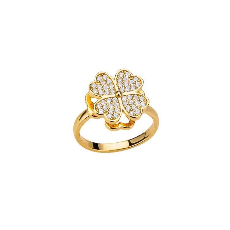 Kaze Rotatable Zircon Flower Stress-Relief Ring | 18K Gold Titanium Spinner Ring in 10 Styles
