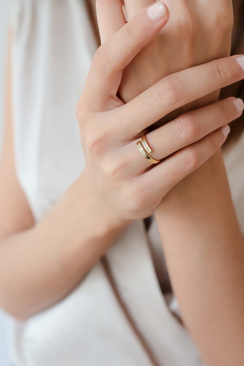 Kaze Customized Open Ring with Name and Date | Personalised Engraved Ring in Silver, Gold &amp; Rose Gold