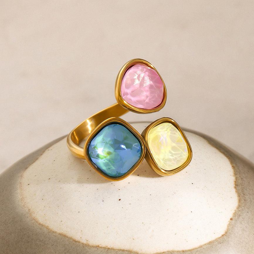 Kaze Light Luxury Noble Geometric Gemstone Open Ring | 18K Gold Inlaid Statement Ring