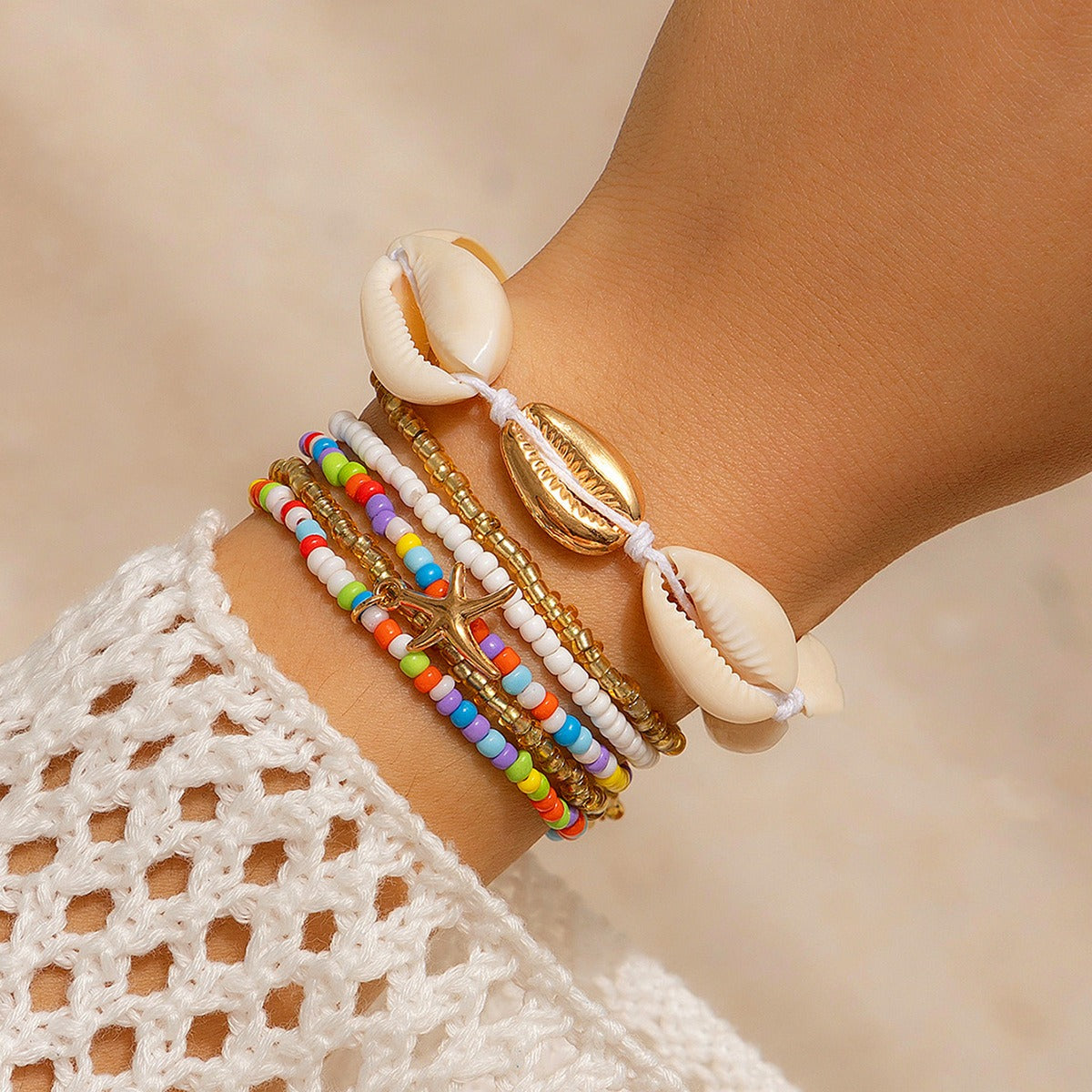 Kaze Beach Starfish Shell Rice Bead Bracelet Set | Bohemian Layered Bracelet in 4 &amp; 6 Piece Sets