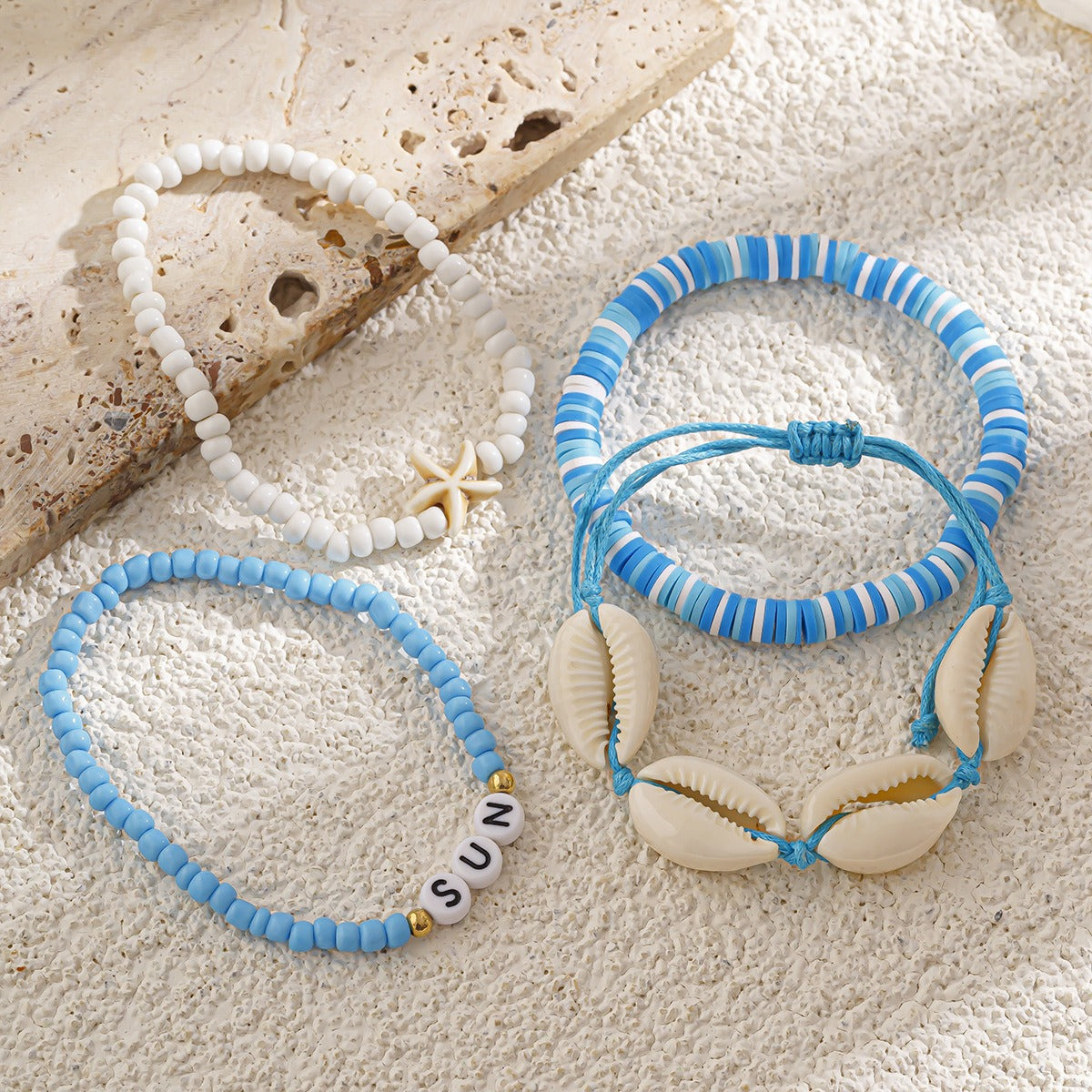 Kaze Beach Starfish Shell Rice Bead Bracelet Set | Bohemian Layered Bracelet in 4 &amp; 6 Piece Sets