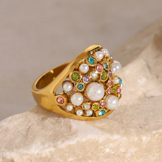 Kaze Classic Vintage Pearl and Diamond Ring | 18K Gold Retro Luxury Ring Size 7