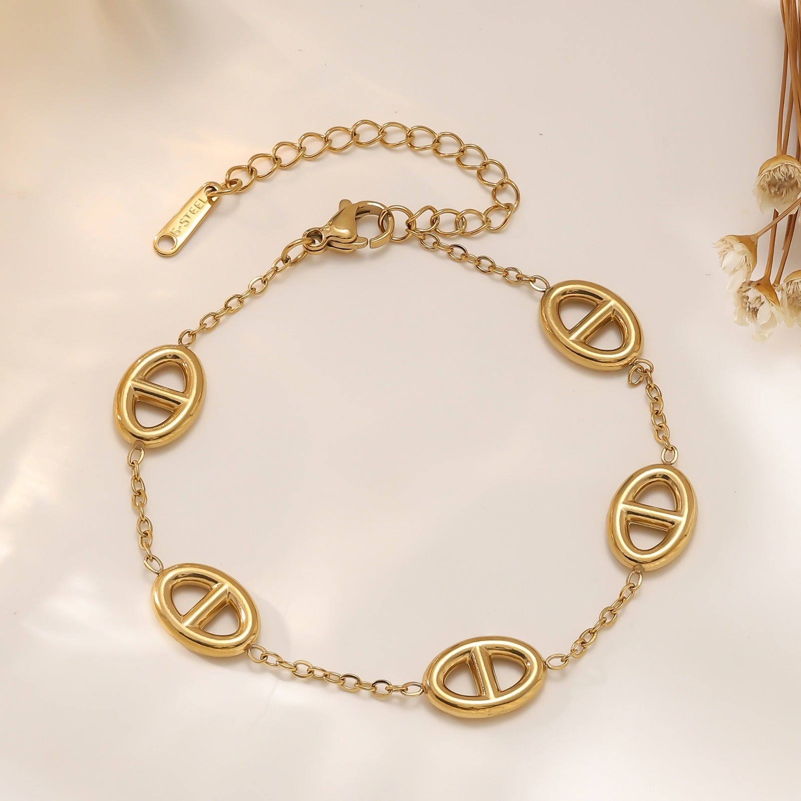 Kaze 18K Gold Pig Nose Necklace and Bracelet Set | Titanium Steel Charm Set in 3 Variants Bracelet