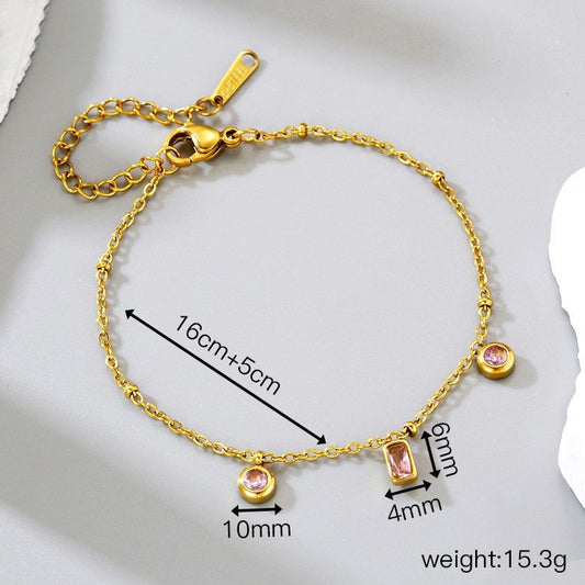 Kaze 18K Gold Square and Pink-Purple Round Pendant Necklace and Bracelet Set | Geometric Romantic Set