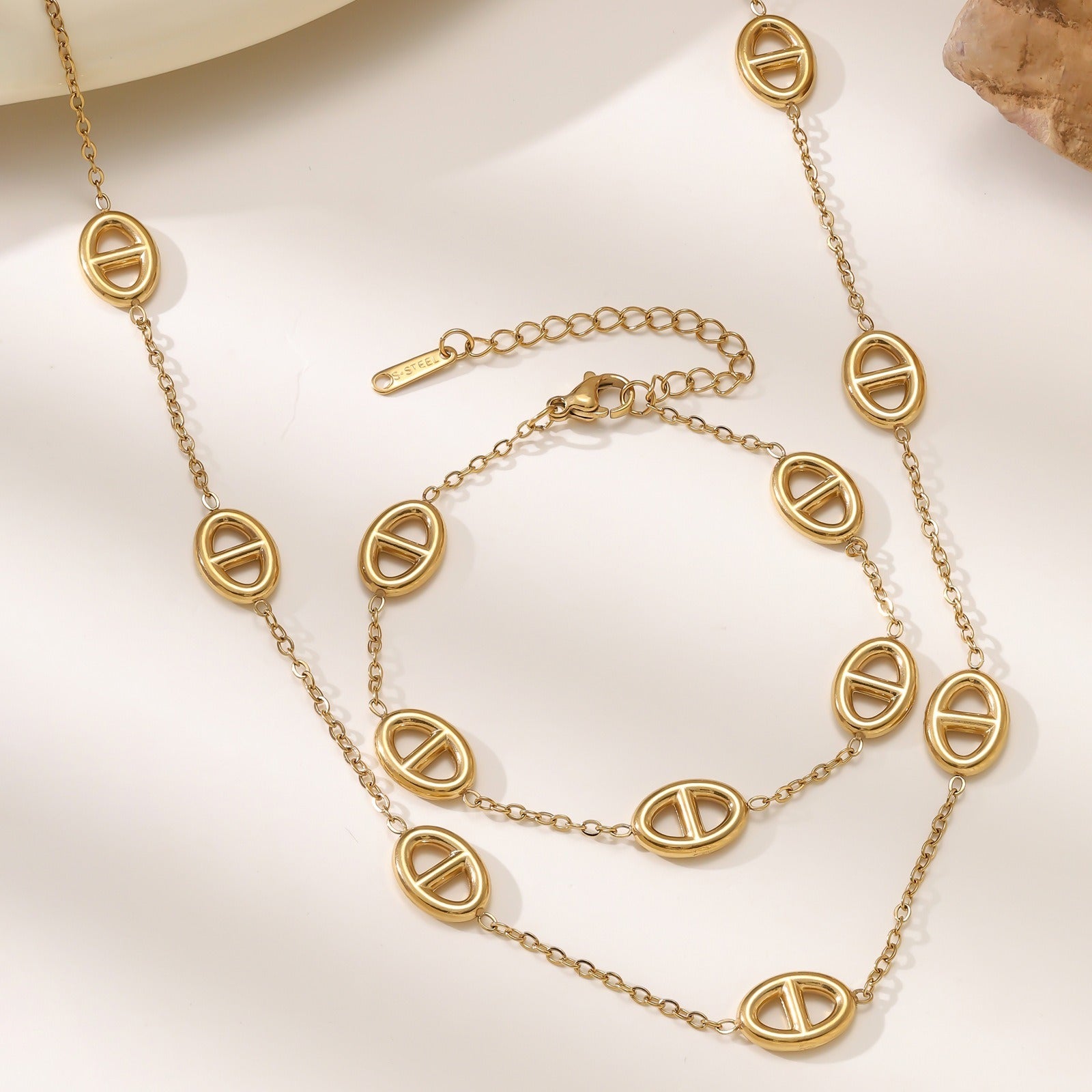 Kaze 18K Gold Pig Nose Necklace and Bracelet Set | Titanium Steel Charm Set in 3 Variants Bracelet+Necklace