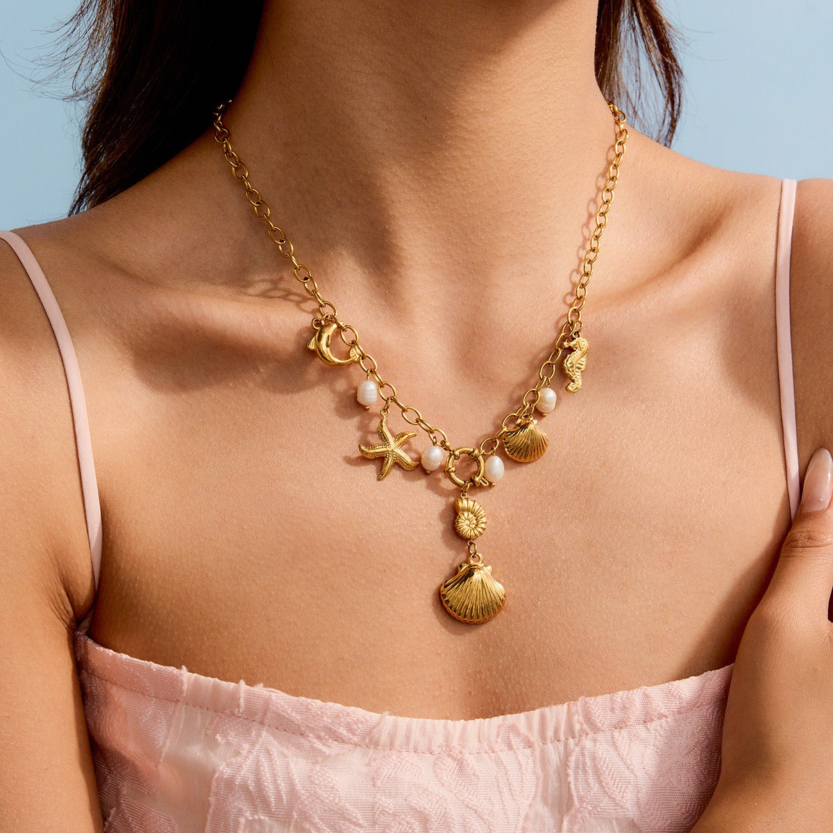 Kaze 18K Gold Ocean-Themed Inlaid Pearl Jewellery Set | 14-Piece Coastal Jewellery Collection