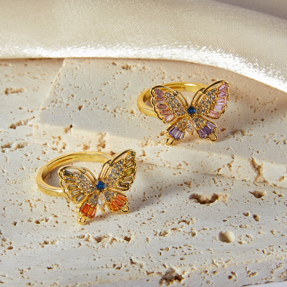 Kaze Butterfly Diamond Ring | 18K Gold Adjustable Ring in Orange &amp; Pink