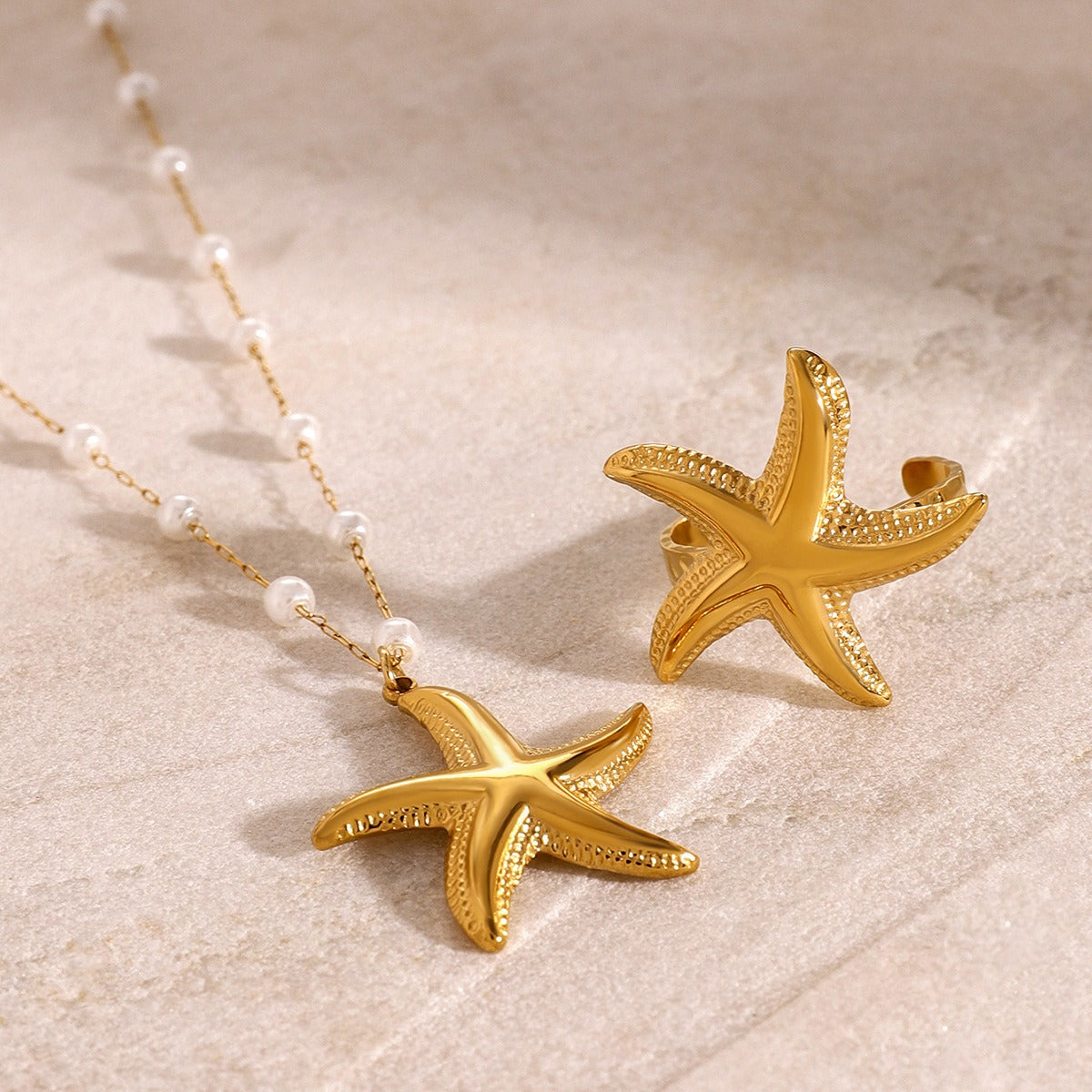 Kaze Starfish Pearl Necklace and Ring Set | 18K Gold Coastal Pearl Jewellery Set