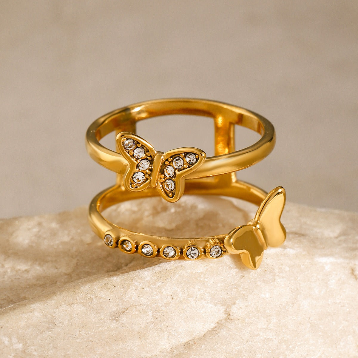Kaze Double-Layer Butterfly Diamond Ring | 18K Gold Luxury Statement Ring
