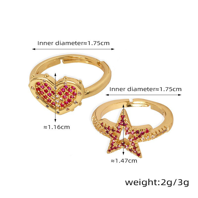 Kaze Heart and Hollow Star Zircon Ring | 18K Gold Adjustable Ring in Heart &amp; Star Design