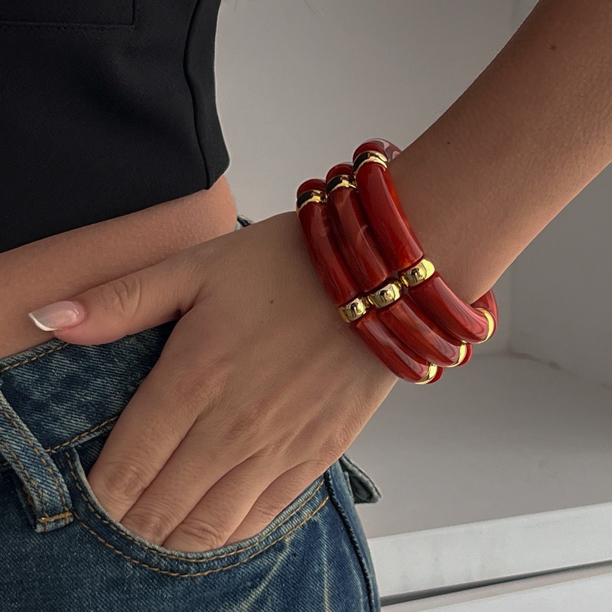 Kaze Light Luxury Beaded Bamboo Bracelet | 18K Gold-Plated S925 Silver Resin Bracelet in 8 Colours Color MixingE