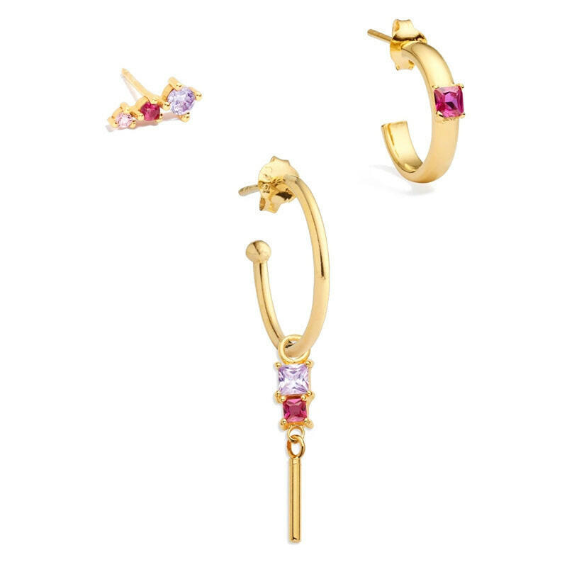 Kaze Geometric Zircon Copper Earring Set | 3-Piece Contemporary Earring Collection 1 Style