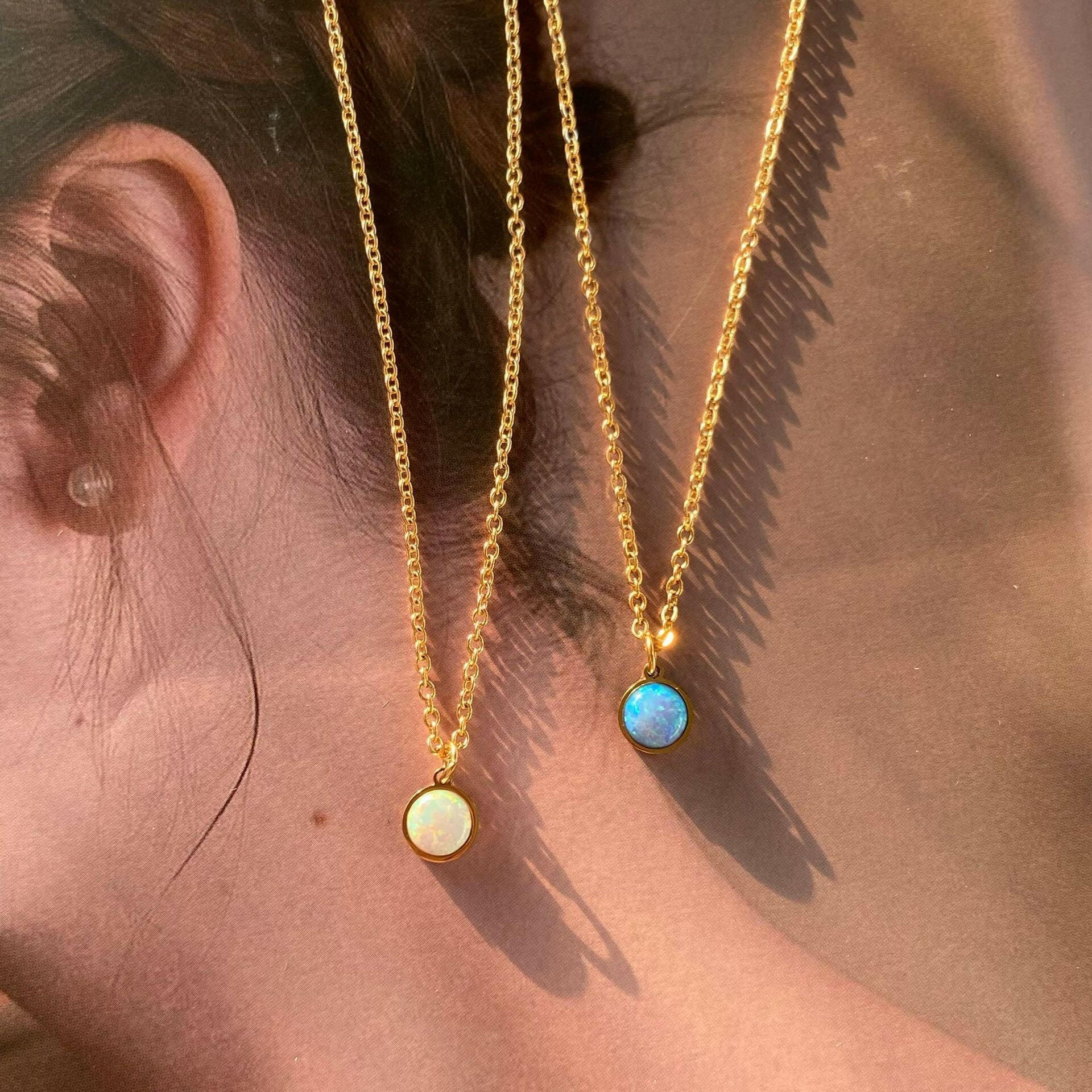 Kaze White and Blue Opal Round Pendant Necklace | Titanium Steel Opal Necklace for Women