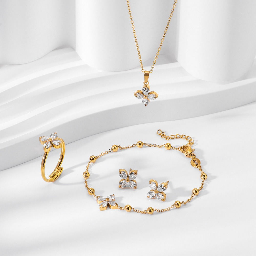 Kaze Four-Leaf Clover Gemstone Jewellery Set | 18K Gold Necklace, Bracelet, Earrings &amp; Ring