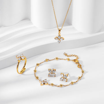 Kaze Four-Leaf Clover Gemstone Jewellery Set | 18K Gold Necklace, Bracelet, Earrings &amp; Ring