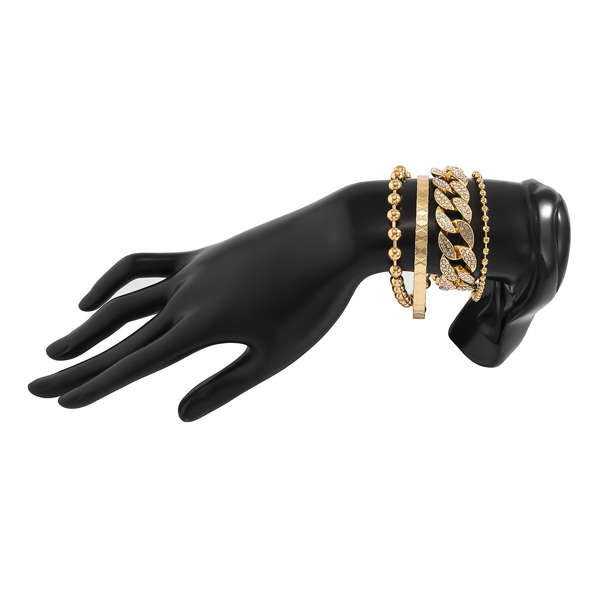 Kaze Diamond-Encrusted Cuban Clasp and Hip-Hop Round Bead Chain Bracelet Set | 18K Gold Statement Bracelet