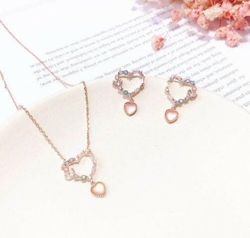 Kaze Korean-Inspired Heart-Shaped Alloy Earrings | Romantic Stud Earrings &amp; Matching Necklace