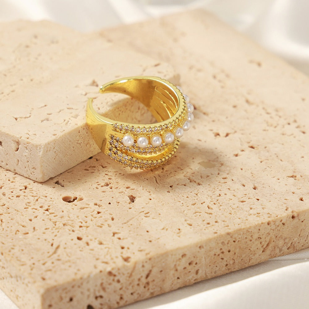 18K Gold Multi-Layered Open Ring with Zircon and Pearl Accents