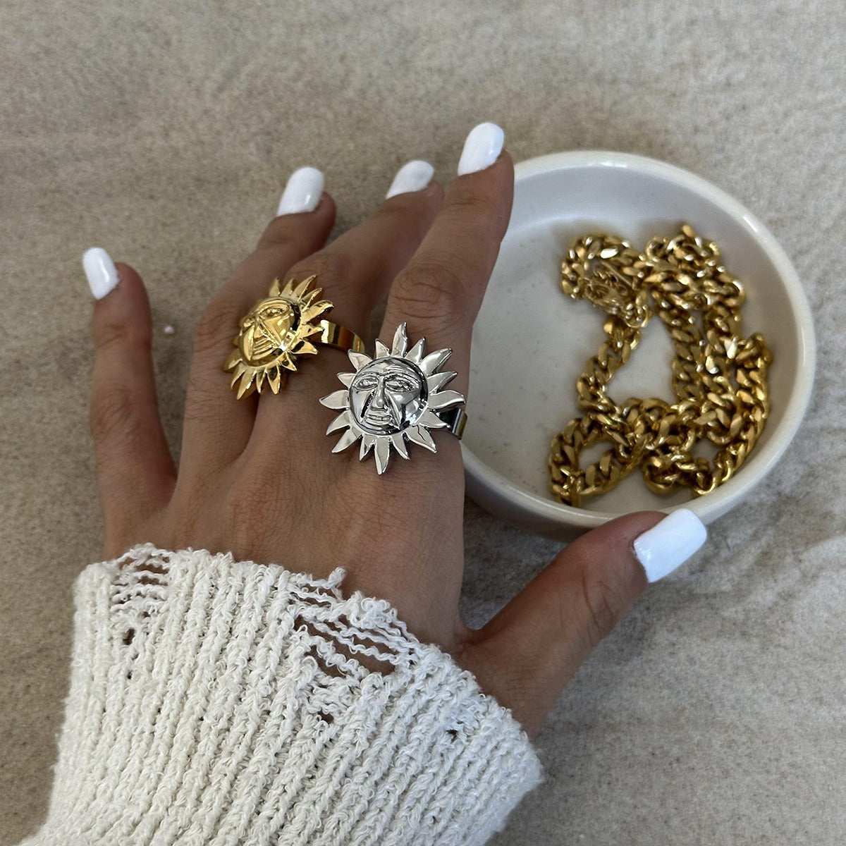 Kaze Sun Face Artistic Open Ring | 18K Gold Textured Sun Design Ring in Gold &amp; Silver