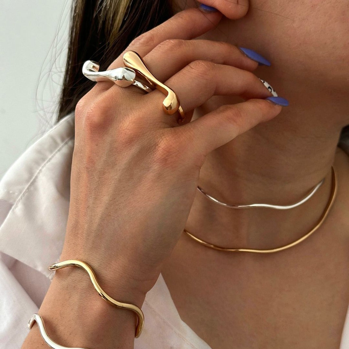 Kaze Trendy Teardrop Irregular Curve Ring | 18K Gold Fluid Design Ring in Gold &amp; Silver