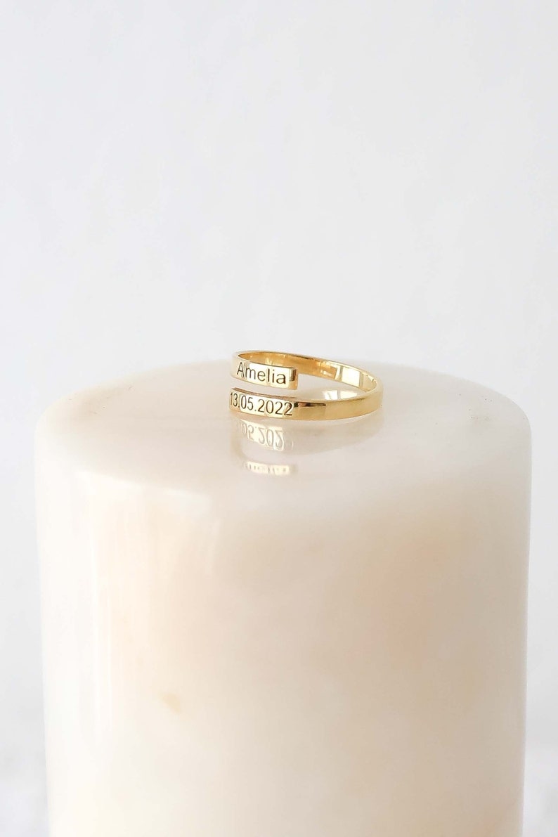 Kaze Customized Open Ring with Name and Date | Personalised Engraved Ring in Silver, Gold &amp; Rose Gold