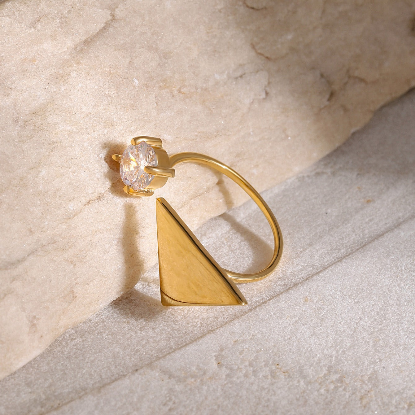 Kaze Triangle with Round Gemstone Open Ring | 18K Gold Geometric Ring in Gold &amp; Silver