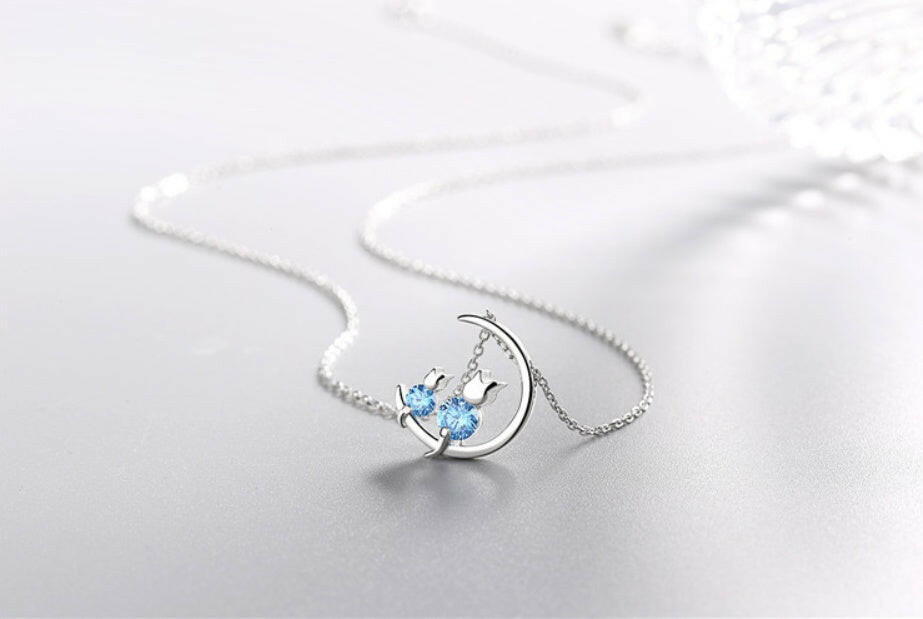 Kaze Moon Bunny Necklace | S925 Sterling Silver Lunar Rabbit Pendant with Blue Stone