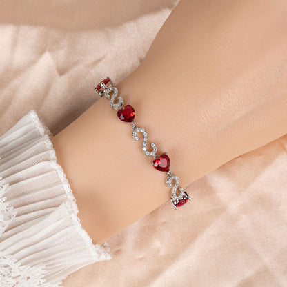 Kaze S925 Number-Spliced Heart Cubic Zirconia Bracelet | Sterling Silver Sparkling Bracelet in 2 Colours Rose-Red on a White Background