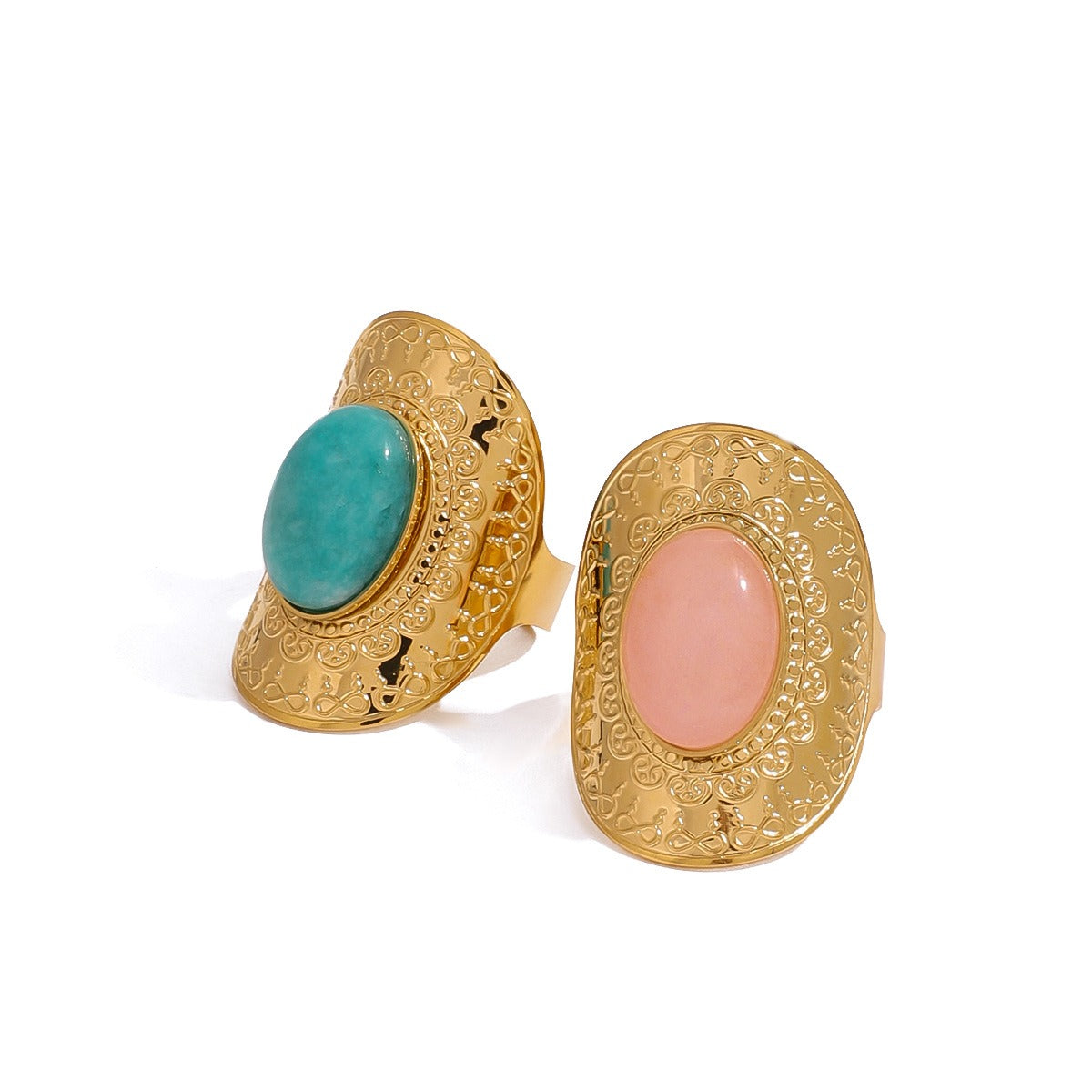 Kaze Oval Gemstone Textured Luxury Ring | 18K Gold High-End Ring in Green &amp; Pink