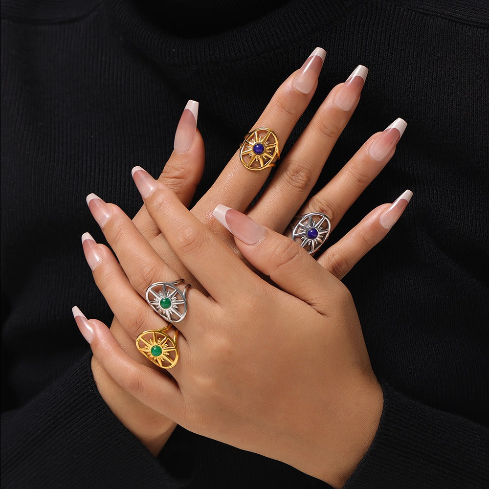 Kaze Classic Vintage Eight-Pointed Star Gemstone Ring | 18K Gold Celestial Ring in Blue &amp; Green
