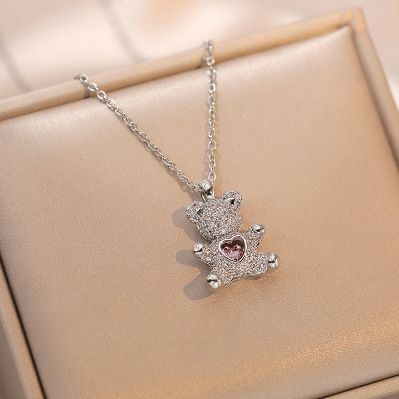 Kaze Bear Heart Love Necklace | Titanium Steel Gold Heart Pendant Necklace for Women Rigid Color