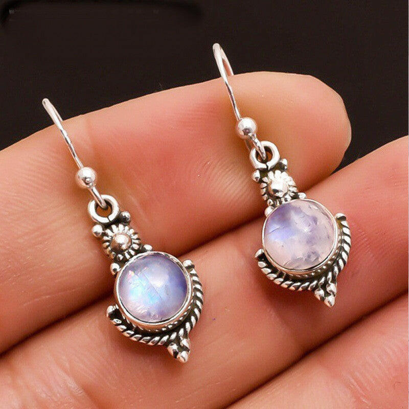 Kaze Moonstone Vintage Geometric Drop Earrings | Retro Alloy Diamond Inlay Earrings Silver